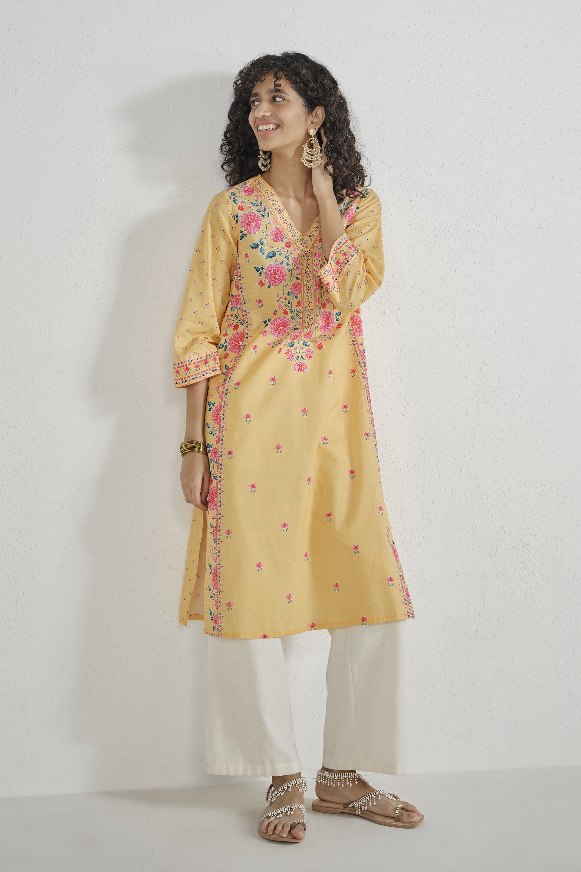Butter Yellow Printed Cotton Kurta, Yellow, image 2